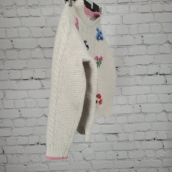 Boden Beige Wool Cotton Blend Embroidered Flowers Cable Knit Sweater Girls 6-7Y - Picture 12 of 12